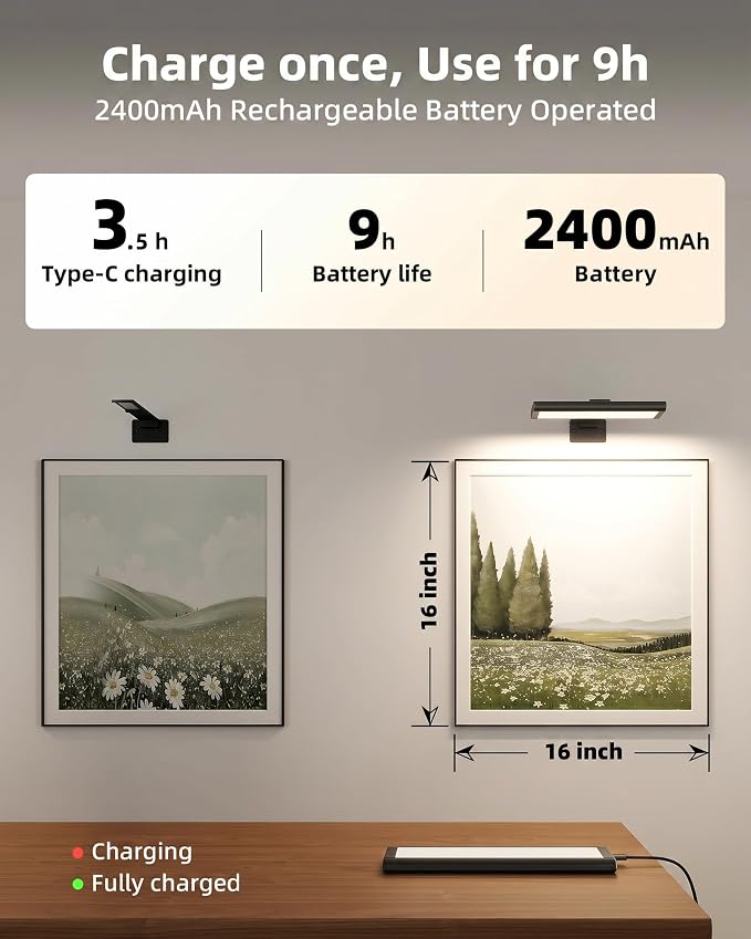 EZVALO Picture Light for Wall, Rechargeable 2400mAh Lights Wireless with IR Remote, 3 Color & Dimmable Magnetic 7.8'' LED Lights Display for Painting, Living Room, Gallery, Bedroom(Black-3P)