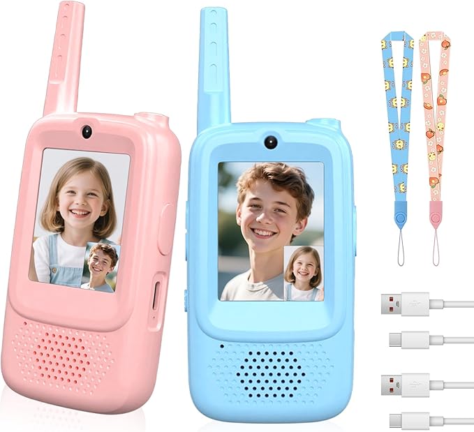 NUFR Video Walkie Talkies for Kids with 6 Voice Changer, Handheld Long Range Rechargeable Video Intercom Toys with Screen, 2 Pack Walkie Talkie for Girls Boys Indoor Outdoor Games Camping