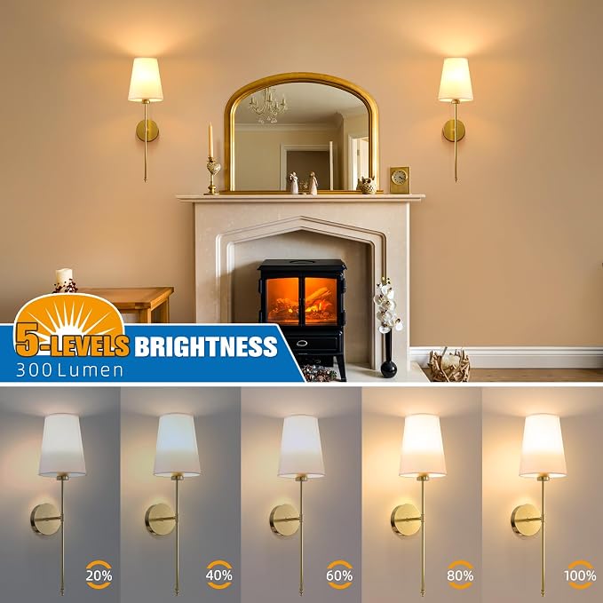 25.4 inch Battery Operated Wall Sconce Set of 2,Gold Rechargeable Wall Lights with 10400mAh Dimmable Detachable Bulbs and Remote,9 Colors Wireless Sconces for Bedroom Living Room Hallway