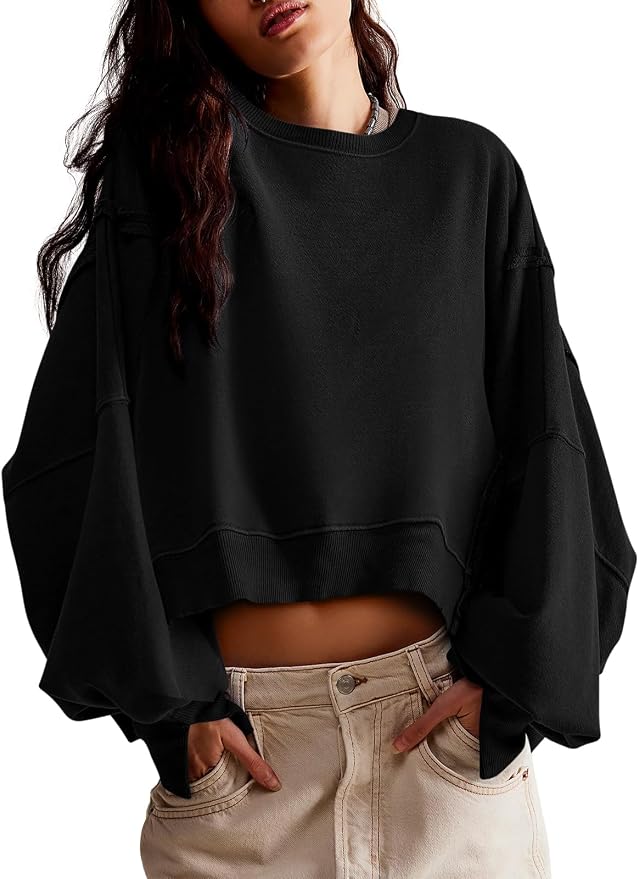 Zwurew Womens Casual Sweatshirt Cropped Shirts | Loose Fit, Tee Top, Pullover, Crop Hem, Design Trim, Daily Tops