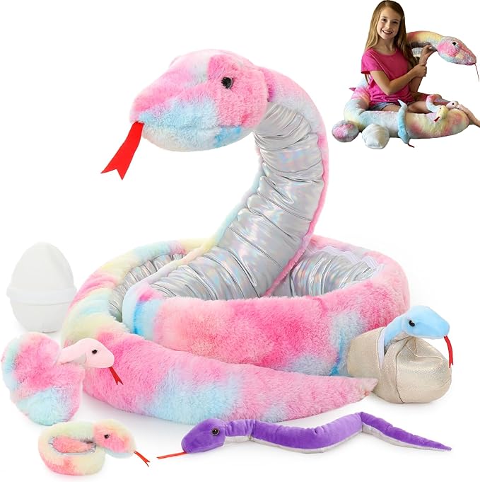 MaoGoLan 8Pcs Rainbow Snake Stuffed Animal 118 inch Giant Stuffed Snake Mommy with 4 Babies & 3 Eggs Inside, Bulk Large Boa Constrictor Plush for Boys Girls Kids Halloween Prank Props Gifts