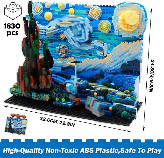 The Starry Night Toy Building Sets,DIY Building Blocks Van Gogh Starry Sky World Painting,Small Particles Children's Educational Assemble 3D Model,Stacking Blocks for Children and Adults