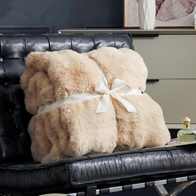 Cozy Bliss Faux Fur Throw Blanket for Couch, Bubble Plush Blanket Queen Size, Fuzzy Soft & Thick Blanket for Bed Sofa Living Room, 90x90 Inches Beige