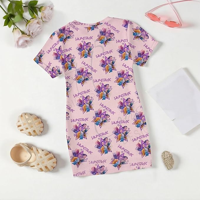 Girl's Anime K-POP Graphic Long Dress T-Shirt - Casual Loose Fit Short Sleeve Top