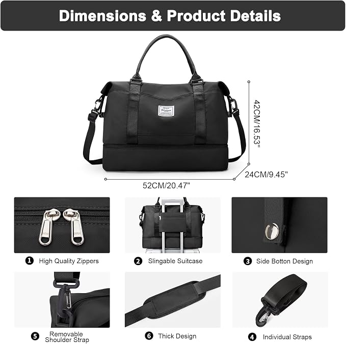 Travel Duffel Bag, Carry On Overnight Weekender Bags for Women | Travel Bag with Wet Pocket & Trolley Sleeve, For Spirit Airlines 18x14x8 Personal Item Bag
