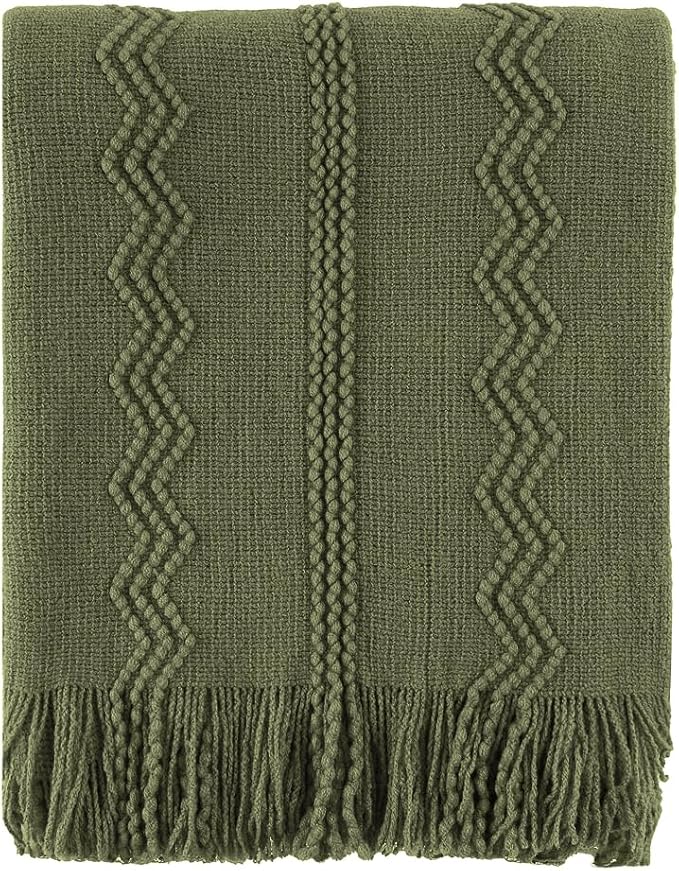 BATTILO HOME Olive Green Throw Blanket for Couch, 50"x60" | Dark Green Blanket with Tassels for Home Decor, Decorative Knitted Throw Blanket for Couch Cover