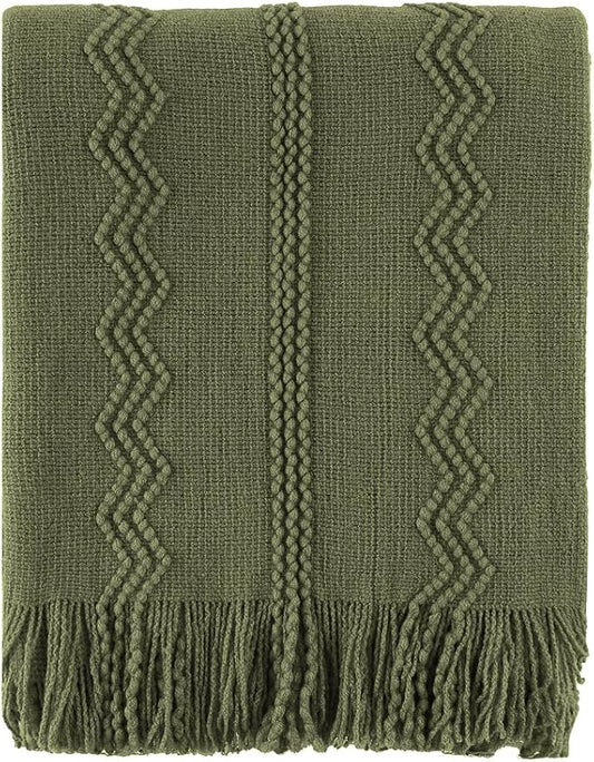 BATTILO HOME Olive Green Throw Blanket for Couch, 50"x60" | Dark Green Blanket with Tassels for Home Decor, Decorative Knitted Throw Blanket for Couch Cover