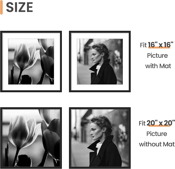 upsimples 20x20 Picture Frame, Display Pictures 16x16 with Mat or 20 x 20 Without, Wall Hanging Puzzle Frames, Black, 1 Pack