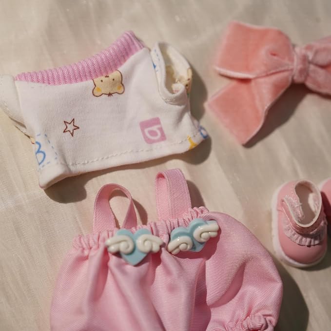 Clothes for Labubu, 4-Piece Includes a top, Pants, Bow Hair and Shoes Accessories Outfit Set for Labubu Doll - 17cm Dolls Clothes Cute & Pink Suit(NO Doll)