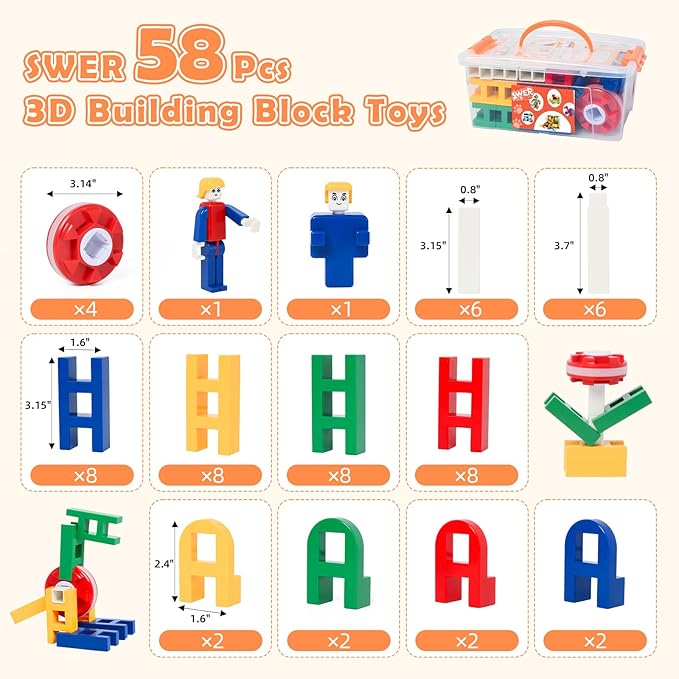 SWER 58Pcs 3D Building Block Toys, Creative Interlocking Connecting Kit, Multicolor STEM Interlocking Toy Set, Montessori Toys for Preschool Kids, Building Toys for Kids Ages 3+, Ideal