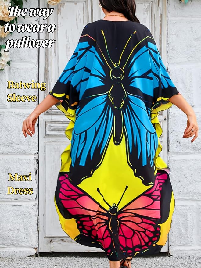 ChiaoLezhee Print Moo-Moos for Women, Kaftan Cover-Up Dresses, Sexy V-Neck High-Slit, Beach Pool-Party Coverups Muumuu Plus