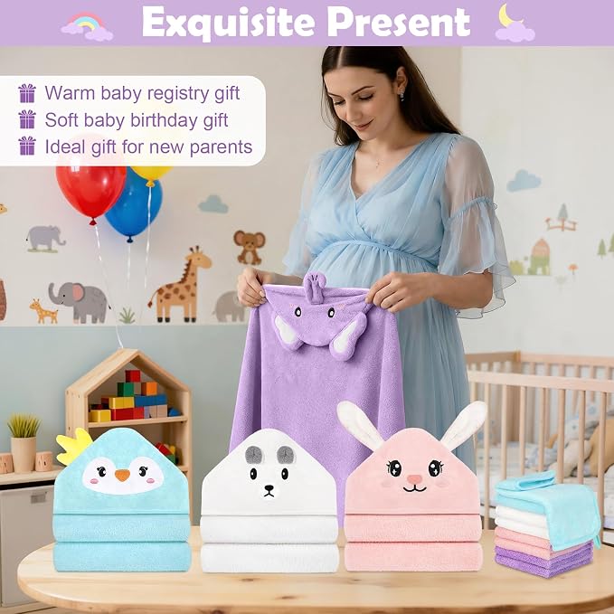 12 PCS Baby Bath Towels Set for Infants Toddlers, 4 PCS Animal Hooded Baby Towels & 8 PCS Washcloths Set, Ultra Absorbent Newborn Bath Essentials Gifts for Boys & Girls