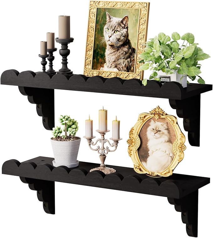 Scalloped Wood Wall Shelf – 17 Inch Floating Shelf with Wood Brackets, Easy to Install Rustic Wall Shelf for Living Room, Bedroom, Bathroom, or Any Space, Black Shelves