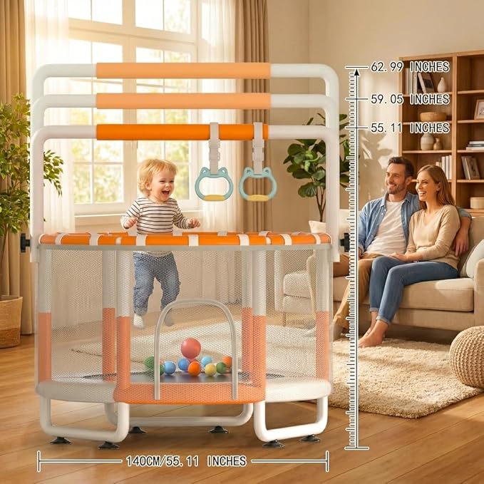 55" Kids Indoor Trampoline with Safety Net, Adjustable Gymnastics Bar & Toys – Indoor/Outdoor Toddler Play Gym for Boys & Girls Ages 3+, Birthday Gifts