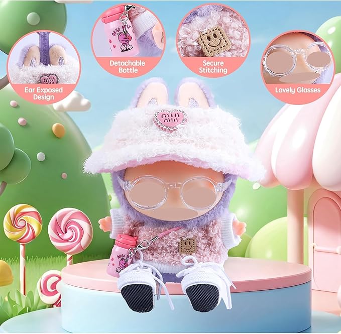 5 Set 17cm Doll Clothes - Clothes for Dolls Outfit - Accessories for 17cm Dolls Clothes +Light Pink Heart-Shaped Velvet hat + Small Camera + Glasses + Canvas Shoes, No Doll Included (Pink Water Cup)