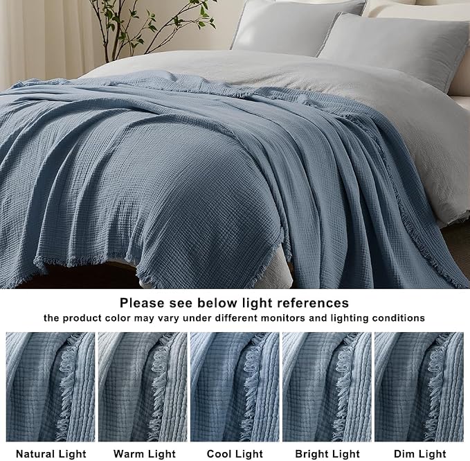WDCOZY 100% Cotton Muslin Blanket Oversized King 4-Layer for Bed Breathable Lightweight Soft Large Boho Farmhouse Linen Tassels Ruffle Gauze Blankets All Season for Adults 102x120 Inches Dusty Blue