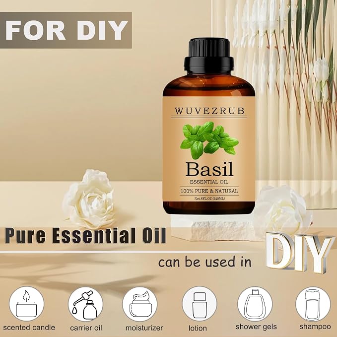 Basil Essential Oils 240ML, 100% Pure and Natural Essential Oil for Aromatherapy Diffuser - 8 Fl Oz/Basil