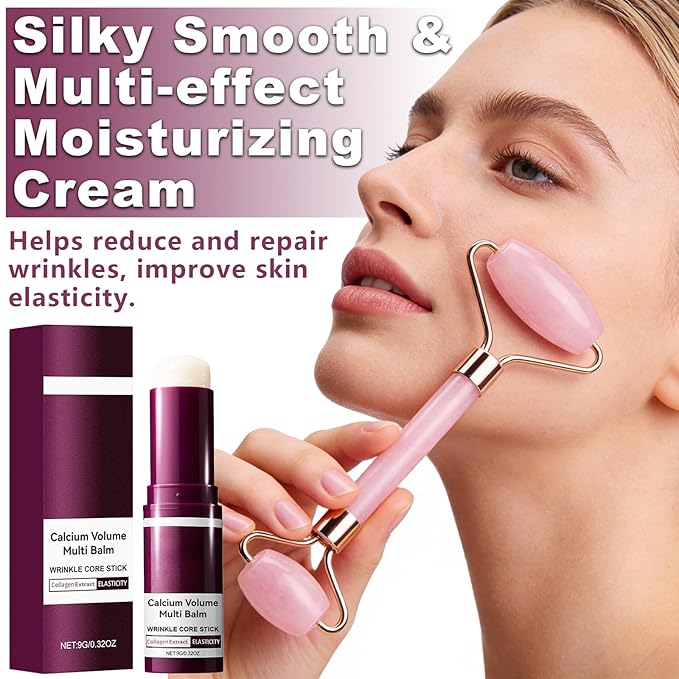 KUNAL 2pcs Calcium Multi Balm Stick with Facial Roller Set,Calcium Volume Multi Balm,Wrinkle Core Stick, Korean Collagen Moisturing,Hydrating, Firming Skin, Suitable for Eyes, Neck, Face