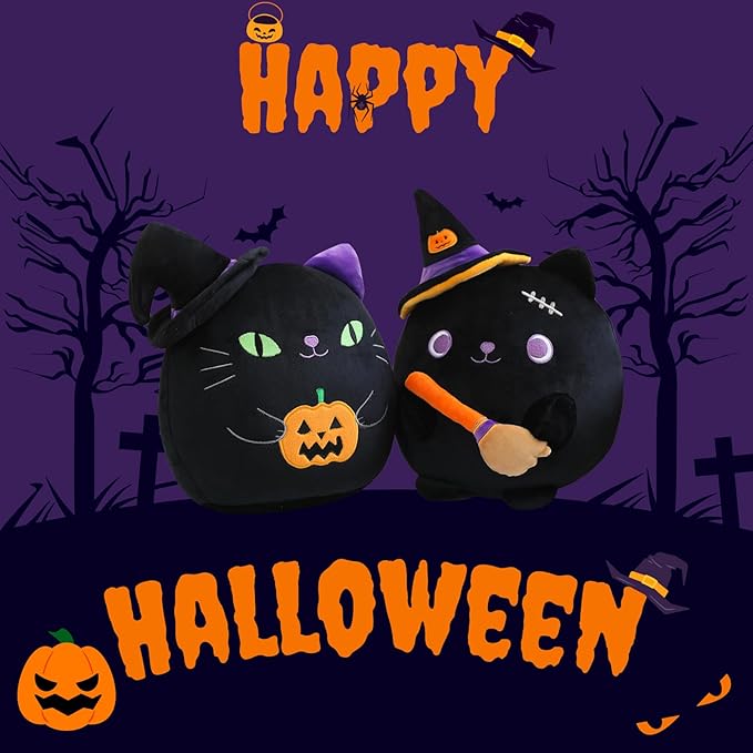 Halloween Cat Stuffed Animal Toy Mysterious Witch with Broom Stuffed Plush Home Decor Halloween Party Gifts for Kids Girls and Boys（Witch Broom Cat 10 Inch）