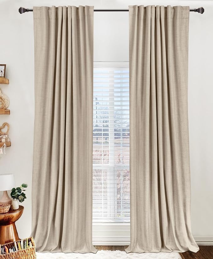 100% Blackout Shield Linen Blackout Curtains for Bedroom 120 Inches Long, Back Tab/Rod Pocket Living Room Drapes, Thermal Insulated Blackout Curtains 2 Panels Set, 50" W x 120" L, Oatmeal