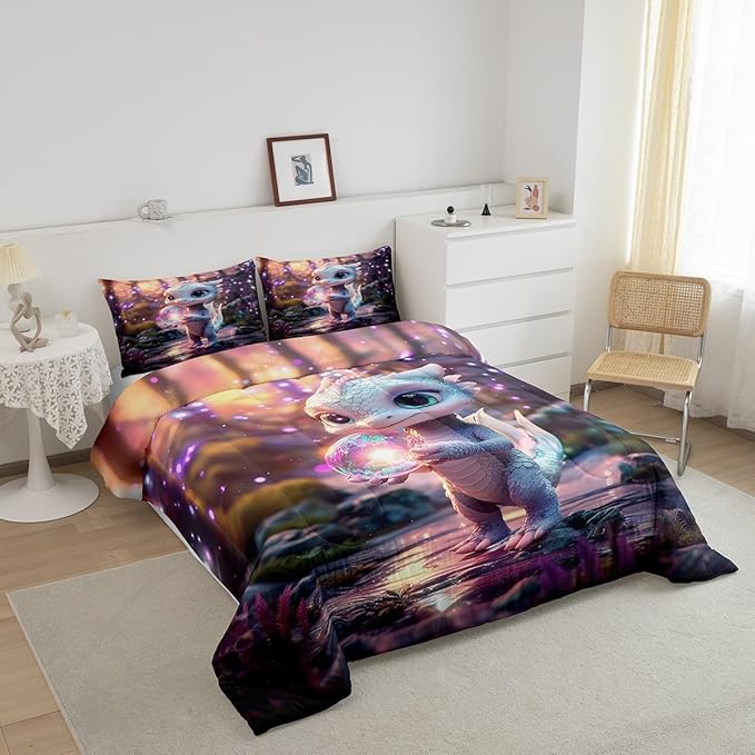 Feelyou Dragon Comforter Set Toddler Size Cute Comforter for Boys Girls Teens Wild Life Bedding Set Dragon Decor Duvet Set Room Decor Pink Purple Quilt Set