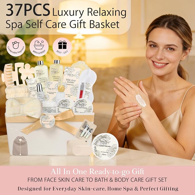37Pcs Spa Gifts, WHITE ROSE JASMINE Bath & Body Gift Basket, Face Skin Kit | Home Spa Gift Set for Women, Self-Care Kit, Beauty Care Kit, Spa Bath Kit with Necklace, Birthday, Christmas, Anniversary