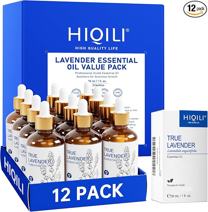 HIQILI Lavender Essential Oil Set-1 fl oz (12 Pack), Bulk Wholesale for Business, for Diffusing, DIY & Body Care, Ideal for Hotel, Beauty Salon, Craft Studio, Holiday Gift & Home Use
