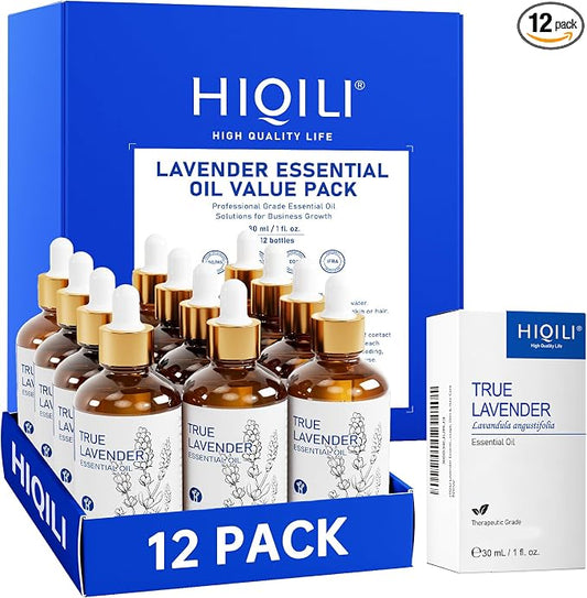 HIQILI Lavender Essential Oil Set-1 fl oz (12 Pack), Bulk Wholesale for Business, for Diffusing, DIY & Body Care, Ideal for Hotel, Beauty Salon, Craft Studio, Holiday Gift & Home Use