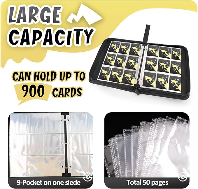 Card Binder 9-Pockets, 900 Pockets Card Holder with 50 Removable Sleeves, Trading Card Collector Zipper Album Holder, Black