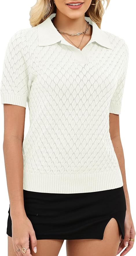 Rapbin Womens Short Sleeve Knit Polo Shirts Summer Spring Sweater Tops | Classic V Neck Collared Shirts Lightweight Business Casual Basic Fashion Pullover Polo Sweater for Work Formal Daily Wear