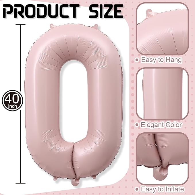 Dusty Pink Number 0 Balloon, 40'' Pastel Blush Baby Pink Foil Balloons, Globos De Numeros Grandes, Large Mylar Helium Number 0 Balloon for Girls Birthday Party Decor Baby Shower Anniversary Decoration