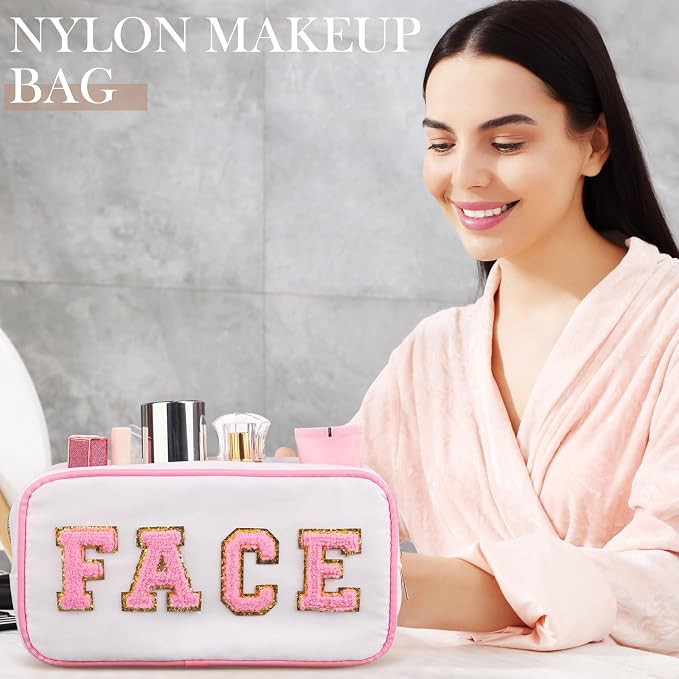 Preppy Makeup Bags Chenille Letter Stuff Bag Nylon Cosmetic Pouch Cases with Zipper for Women Travel Toiletry(White Set,Novel,4 Pcs)