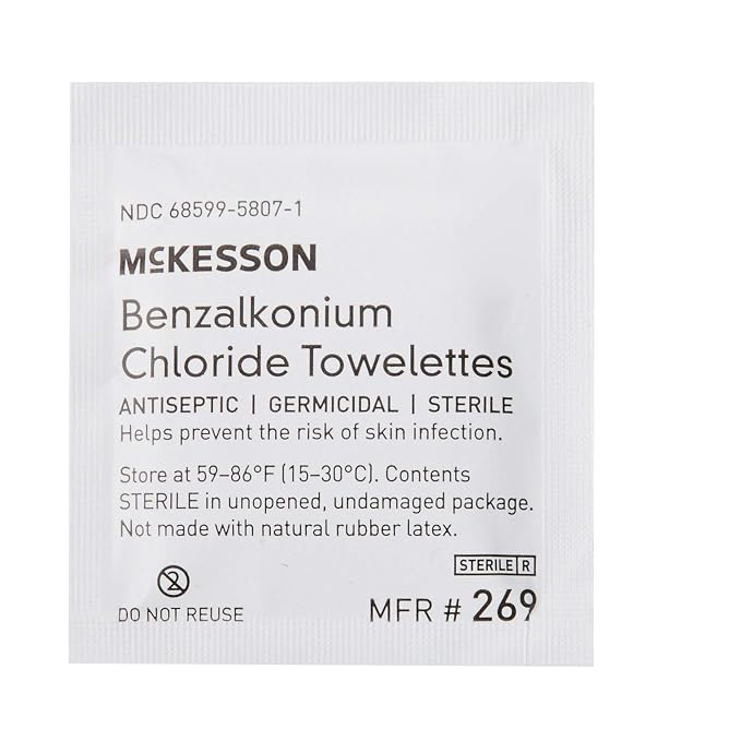 McKesson Benzalkonium Chloride Towelettes [Pack of 100] First Aid Antiseptic Wipes, Sterile Individual Wrapped