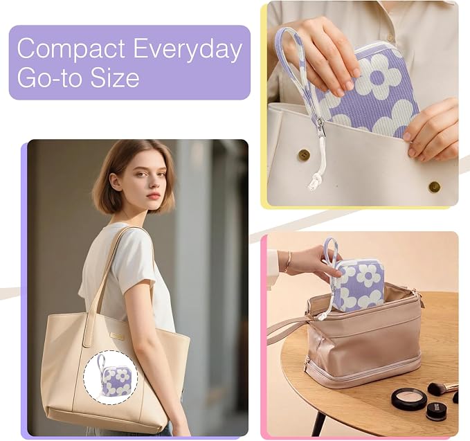 Corduroy Period Pouch for Women, Cute Sanitary Pad Pouch with Zipper, Portable Tampon Holder for Purse, Sanitary Napkin Storage Bag for Travel (BB Purple Flower)