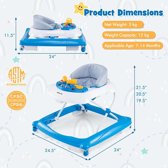 HONEY JOY Baby Walker, 5 in 1 Infant Activity Walker with Wheels, Music, Removable Cushion, Toddler Foldable Push Walker for Boys Girls, Anti-Rollover Walkers for Babies 7-14 Months (Blue)