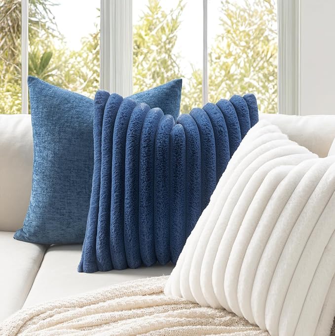MIULEE Faux Fur Decorative Throw Pillow Covers 20x20 Set of 2 Navy Blue | Coastal Modern Soft Plush Couch Pillows, Cozy Fluffy Cushion Covers for Sofa Bed Living Room Home Decor