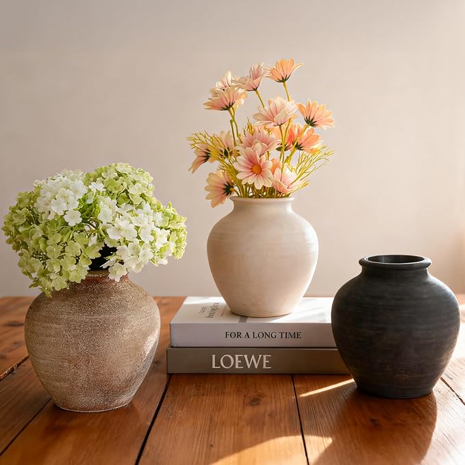 Ceramic Flower Vase Home Decor, 6.2 inch Farmhouse Rustic Vintage Decorative Vases, Pottery Terracotta Boho Flowers Vases for Dining Table, Living Room, Shelf, Kitchen, Bedroom (6.2"-Bronze)