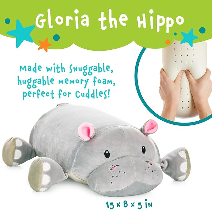 Cuddly Memory Foam Pillow Plush with Belly Pocket, Kids Pillow for Hugging Sleeping & Storing Diary, 15” Stuffed Animal & Journal Set - Gloria The Hippo