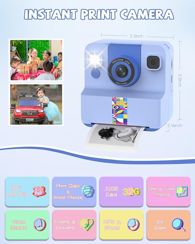 Kids Camera Instant Print, Digital Camera for Kids, 180° Rotating Selfie Lens with 32GB SD Card & 2 Rolls Printing Paper Kids Toy Birthday Gifts for Boys Girls Ages 3-12, Blue