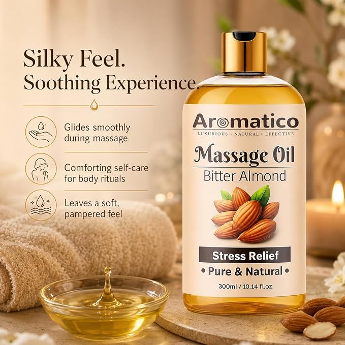 AROMATICO Almond Massage Oil. Hydrates & nourishes Skin, soothes Irritation, Improves Texture & Promotes Relaxation - 10 Fl Oz Rich in Vitamins & Essential Fatty acids, enhances Circulation.