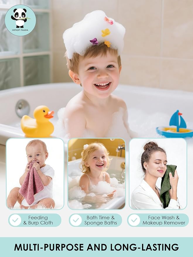HIPHOP PANDA Baby Washcloths, Rayon Made from Bamboo - 2 Layer Ultra Soft Absorbent Newborn Bath Face Towel - Reusable Baby Wipes for Delicate Skin - Boho Earth Tones, 6 Pack