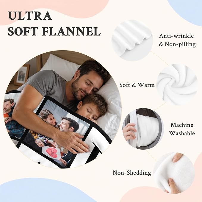Fathers Day Birthday Gift for Dad Custom Blanket with 6 Photo & Text, Personalized Blankets with Picture to My Dad, HD Printing Customized Flannel Throw Blanket Gifts for Best Daddy Grandpa Ever