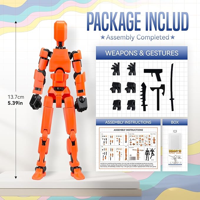 [Assembly Complete] Dummy 13 Action Figures with Magnetic Suction Function, Lucky Titan 13 Action Figures, Multi-Jointed Movable，with 3 Hand-Shapes, 5 Weapons (1Pcs - Yellow)