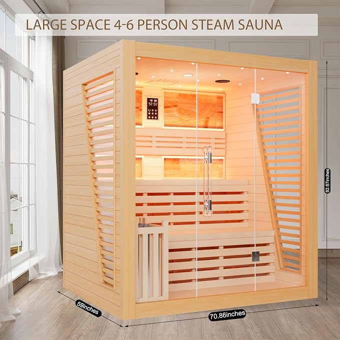 Smartmak Wood Home Steam Sauna, Customized WiFi Control 1-6 Person Canadian Hemlock/Red Cedar Traditional Luxurious Wooden Indoor Spa Room, Heating Stove, Speaker, Rocks, Water Bucket, Lights, 194℉