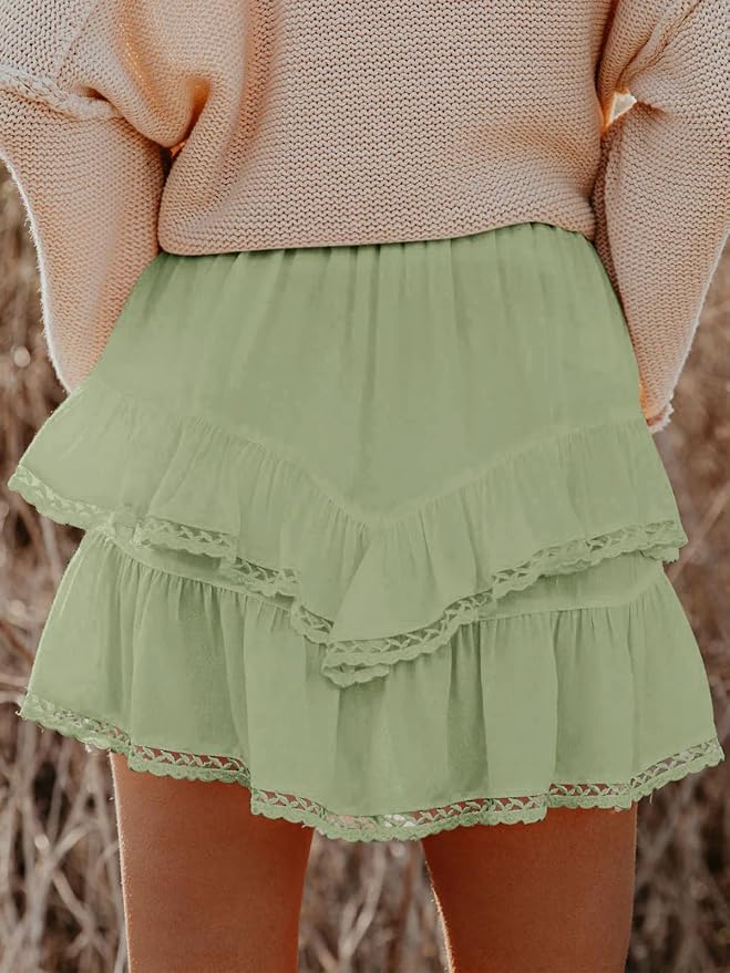 Flowy Shorts for Women Casual Boho Ruffle Tiered Skorts High Waist Mini Skirts Golf Tennis Crochet Shorts