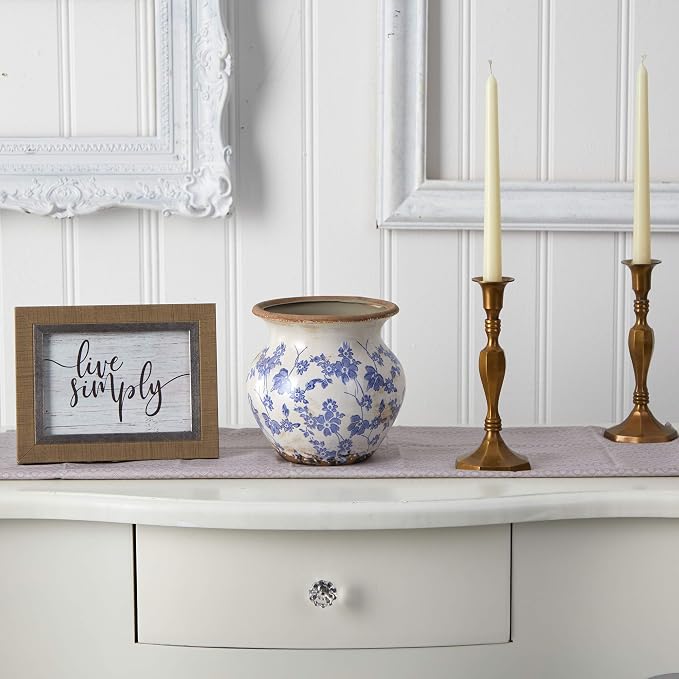 Nearly Natural 7 in Tuscan Ceramic Blue Scroll Urn Vase Floral Room Decor | Vintage Floral Design, Durable Quality Ceramic, Perfect for Faux Bouquets, Indoor Home Styling Corner Accents
