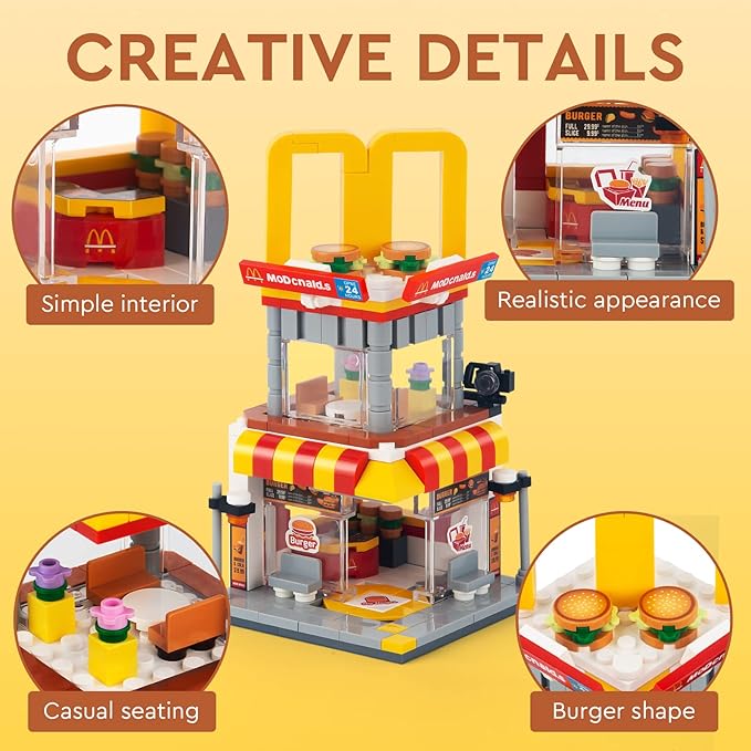 HIGH GODO City Street View Burger Shop Building Set, MOC Creative Model Set Creative Model Toys, Unique Home Decor, Ideas Birthday Holidays Toy Gift (244 Pieces)