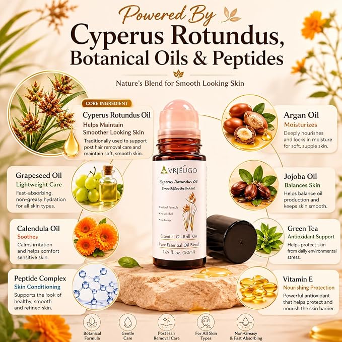 Cyperus Rotundus Oil Roll On for Hair Removal Aftercare, Rose Quartz Roller Botanical After Shave Oil Blend with Argan, Jojoba, Calendula, Lightweight Skin Care for Face & Body, 1.69 Fl Oz