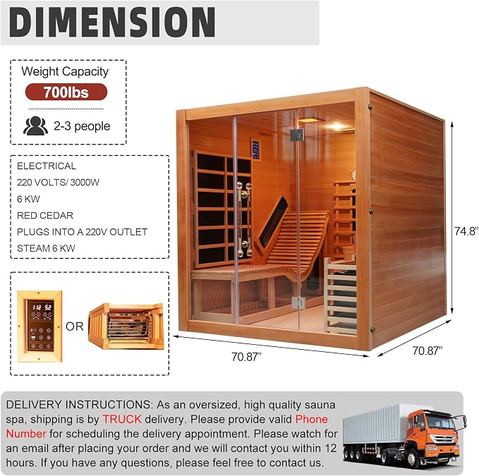 Infrared & Steam Dual-System Sauna Room, 2-3 Person Canadian Red Cedar Wood Sauna with Recliner, Indoor Traditional Home Saunas Spa with 9 Heaters & 6KW Sauna Stove, Oxygen Bar