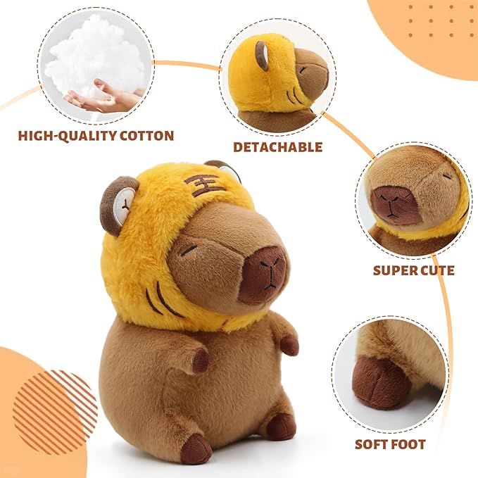 Cute Capybara Plush Wear Tiger Hat, Kawaii Soft Capybara Plushie Pillow, 14 inch Capybara Stuffed Animal Hugging Gifts for Kids Adults (Tiger Capybara)